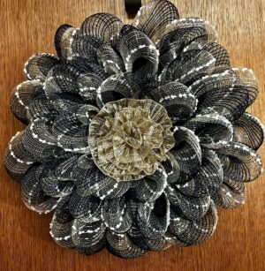 Navy blue and white flower shaped mesh wreath with gold center accent