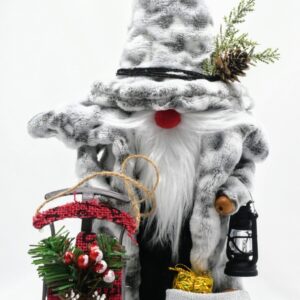 Handmade Woodland Santa Gnome in gray faux fur coat with pinecone hat, holding sled and lantern, beside gift sack and small woodland squirrel