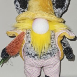 Handmade bunny gnome named Hopscotch with yellow beard, floppy ears, carrot, and pink plaid pants, standing about 13.5 inches tall