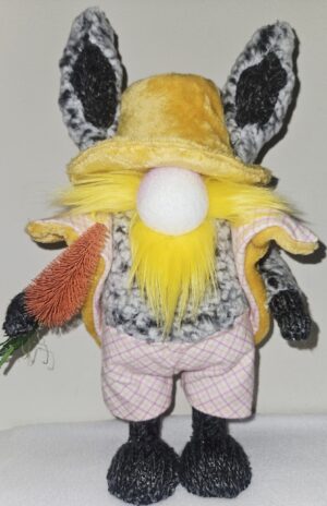 Handmade bunny gnome named Hopscotch with yellow beard, floppy ears, carrot, and pink plaid pants, standing about 13.5 inches tall
