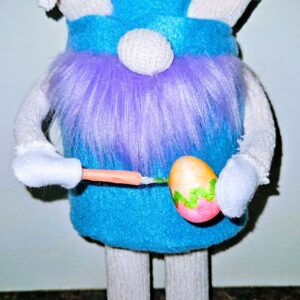 One-of-a-kind Legs 12.75 inch handmade Easter bunny gnome with long white legs, blue felt body, purple beard, bunny ears, holding painted egg