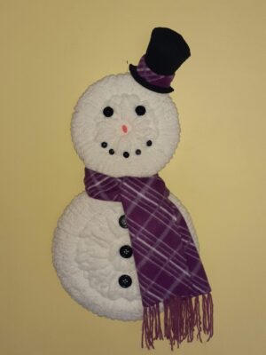 handmade snowman wall decor with purple scarf and top hat winter Christmas door decoration