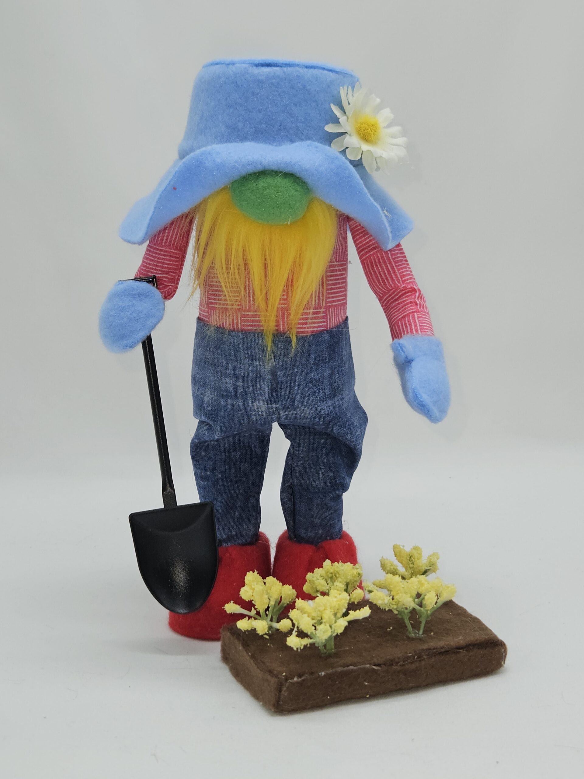 Planting the Garden Gnome handmade spring gnome holding shovel with flower bed and blue hat