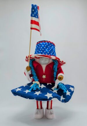 Handmade Aunt Sam Gnome in red white blue patriotic outfit holding American flag by Metamorphosis by Babs – one-of-a-kind 4th of July decor