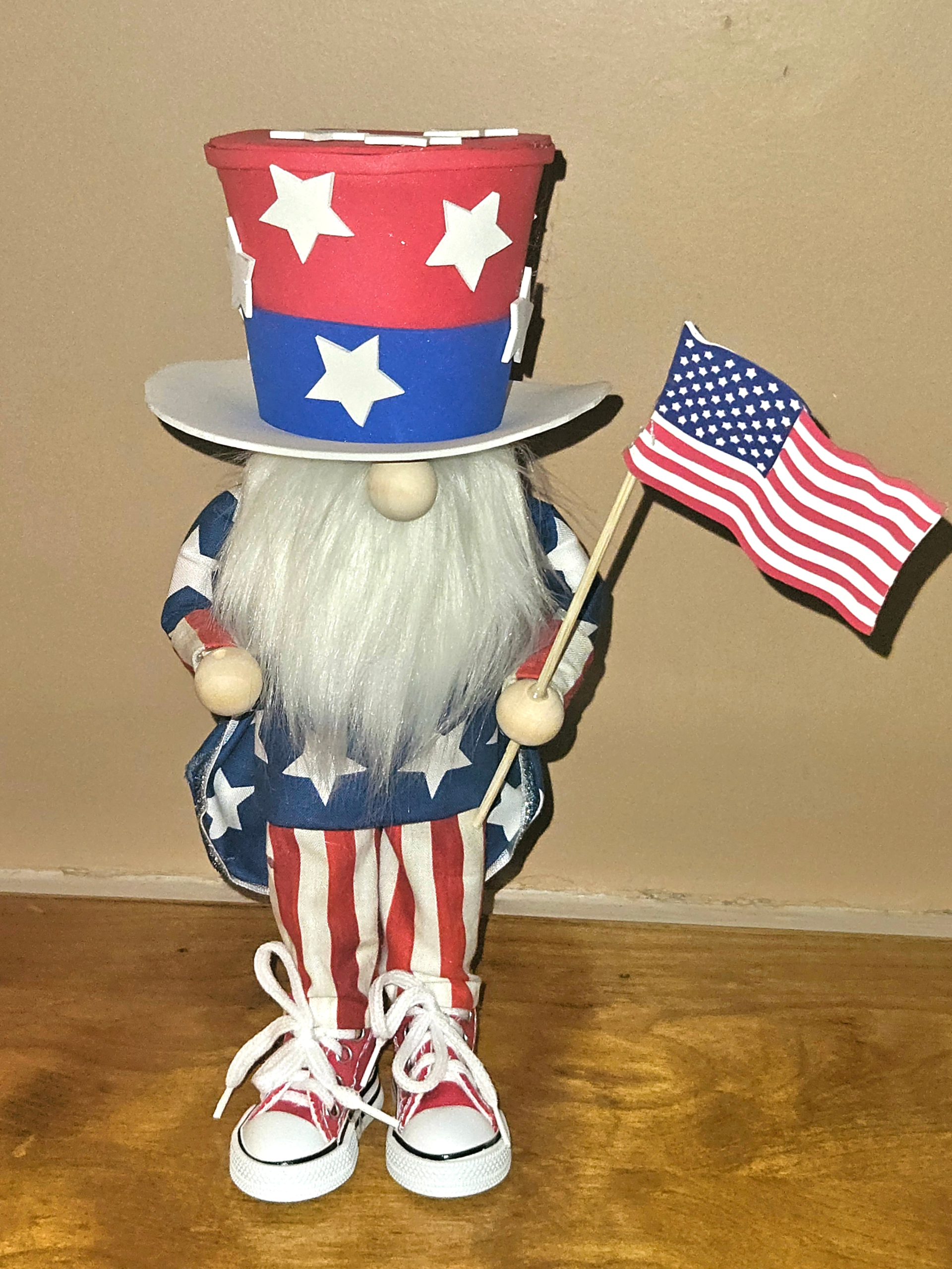 Handmade Uncle Sam Gnome with Red Sneakers – Patriotic 4th of July Decor