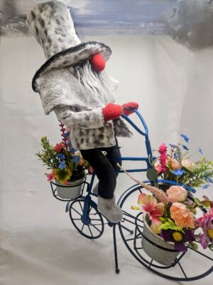 Oliver’s Bicycle Ride Gnome – large 24" handmade spring gnome on blue bicycle with flower baskets by Metamorphosis by Babs