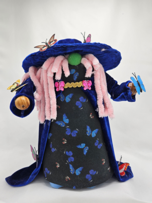 Handmade Butterfly Maven gnome in blue velvet with pink hair and butterfly details - 12 inch whimsical boho decor