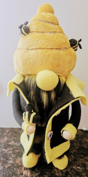 Handmade Buzzy Beehive Gnome with plush beehive hat and bee details by Metamorphosis by Babs