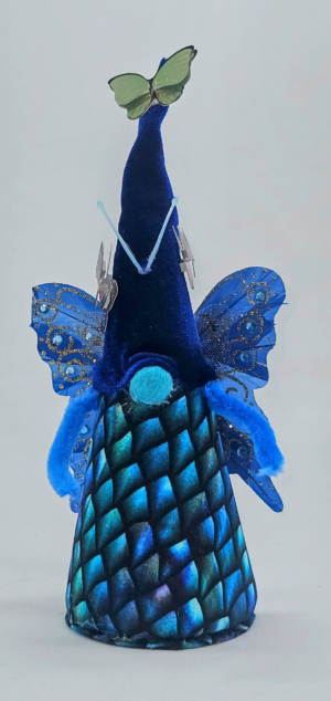 Handmade Chryssy Butterfly Gnome with blue wings and velvet hat by Metamorphosis by Babs
