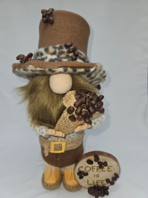 Handmade Java Joe coffee gnome with top hat, burlap coffee sack, and Coffee is Life sign by Metamorphosis by Babs