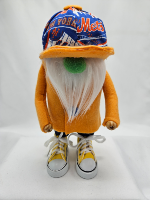 Handmade NY Mets Fan gnome wearing blue team cap with orange coat and yellow sneakers, detailed sports collectible