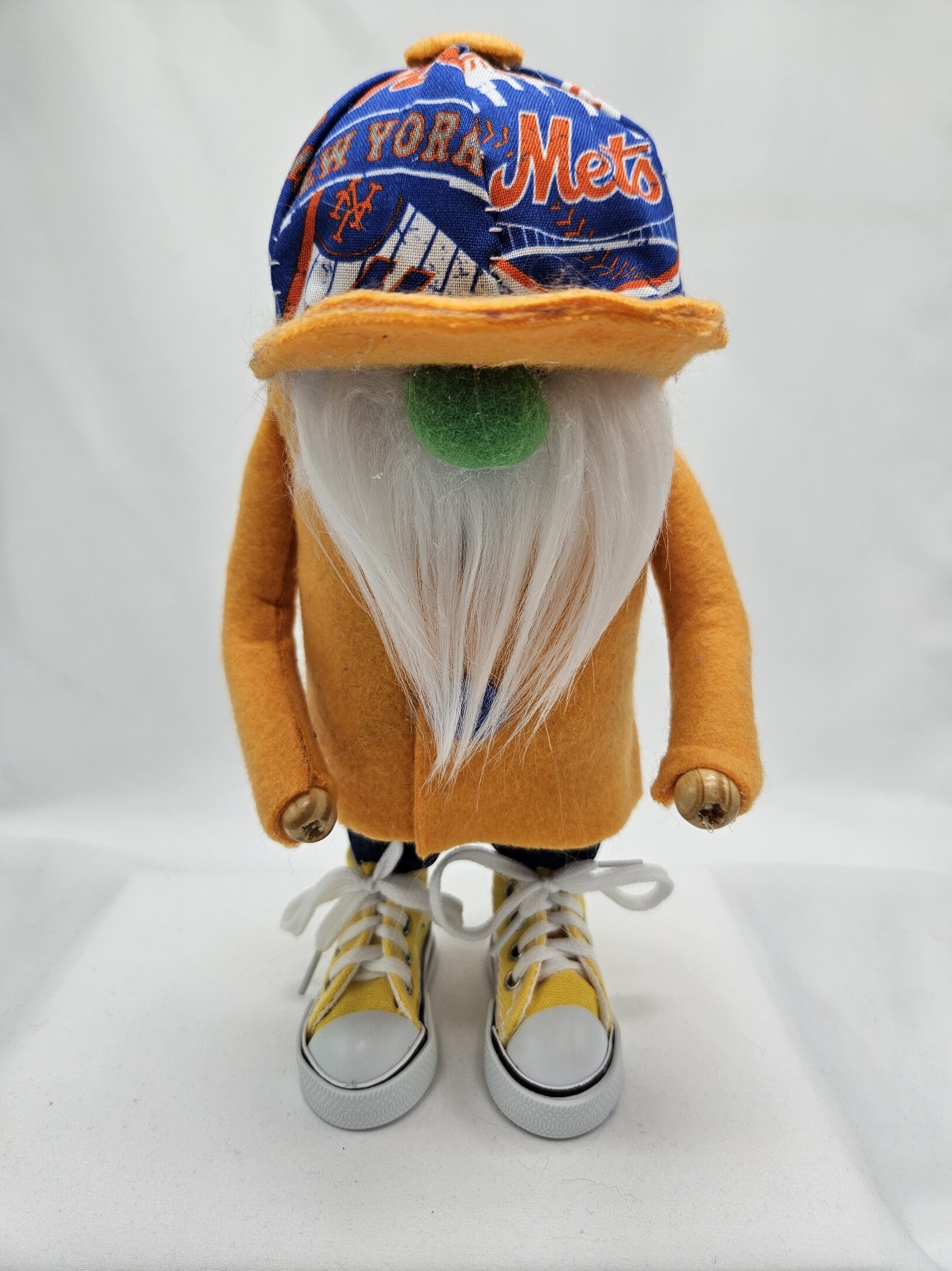 Handmade NY Mets Fan gnome wearing blue team cap with orange coat and yellow sneakers, detailed sports collectible