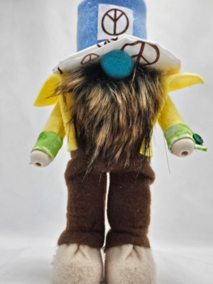 Retro Cool hippie gnome doll with long flowing hair, peace sign hat, and bright yellow jacket - handmade 9 inch tall collectible