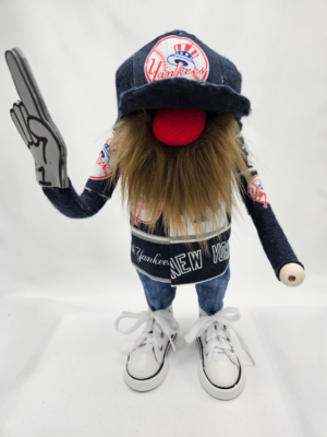 Handmade New York Yankees gnome wearing full baseball uniform, denim cap, and holding #1 foam finger