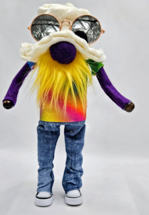 Handmade Woodstock gnome with rainbow tie-dye shirt, yellow hair, sunglasses, and denim jeans - 9 inch Yasgur festival decor