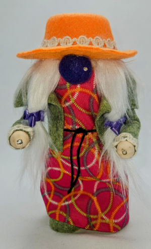 Handmade Anna Lady Gnome with orange hat, nose ring, and long white hair by Metamorphosis by Babs