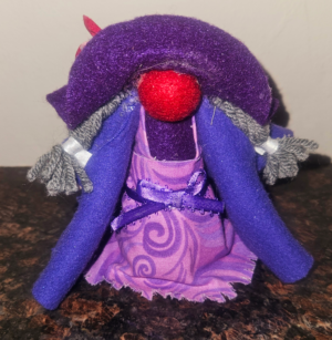 Handmade Violet Purple Lady Gnome with red nose, gray hair, and sparkly purple hat by Metamorphosis by Babs