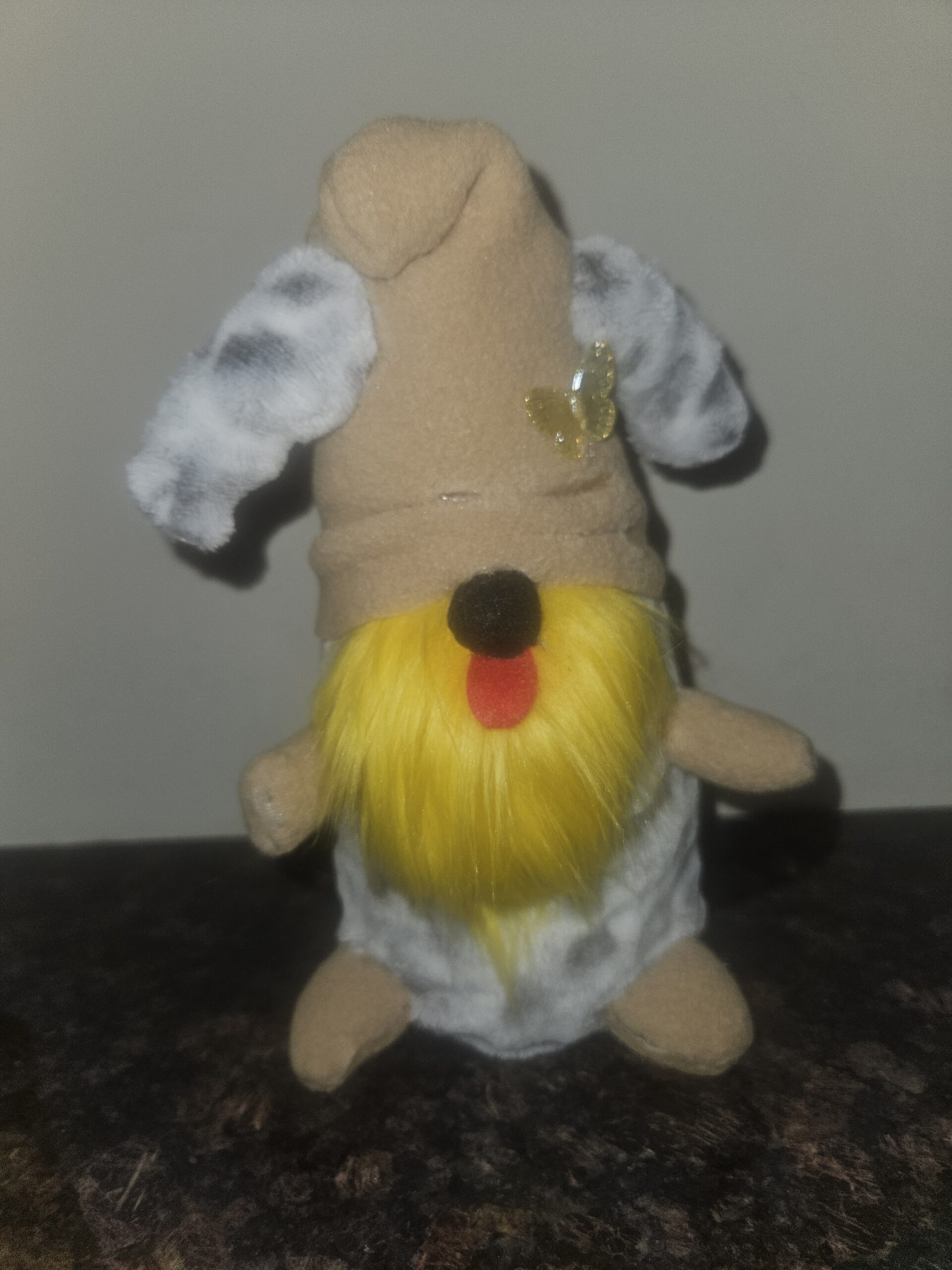 Handmade Spot the Dog Gnome with floppy ears, yellow beard, and butterfly accent by Metamorphosis by Babs