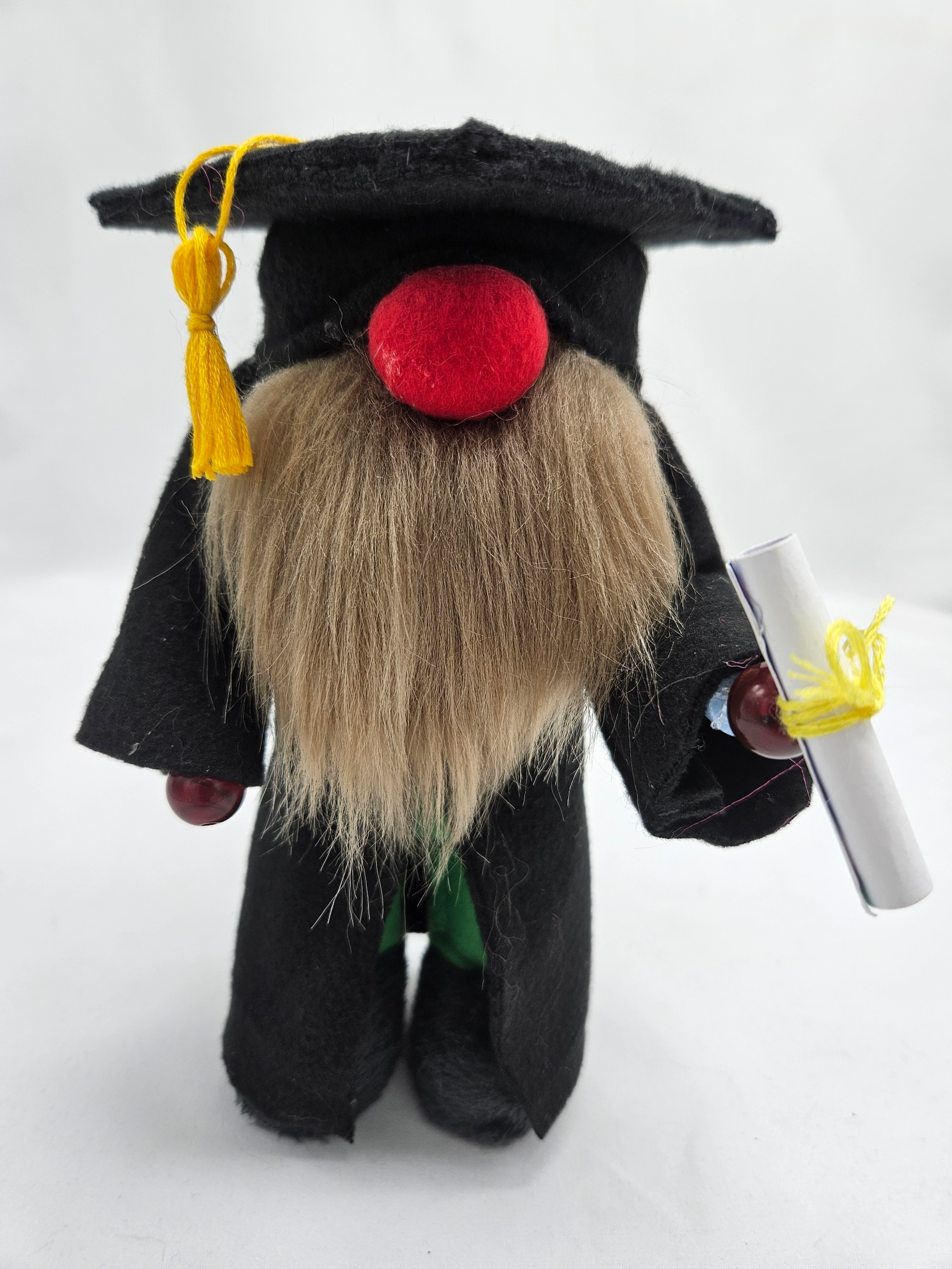 Handmade 8 inch graduation boy gnome with black robe yellow tassel and diploma