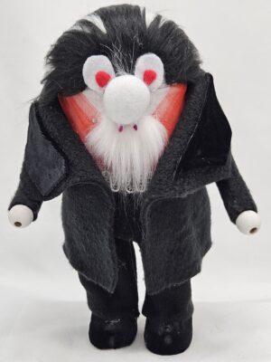 9.5-inch handmade Thirsty Vampire Halloween gnome with black cloak, wild hair, white beard, and red accents
