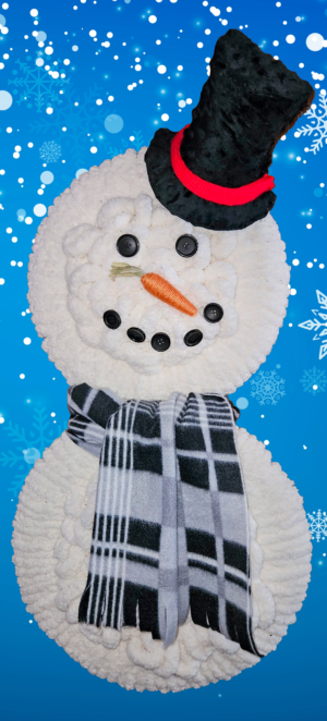 30-inch handmade snowman wall hanging with gray and black plaid scarf