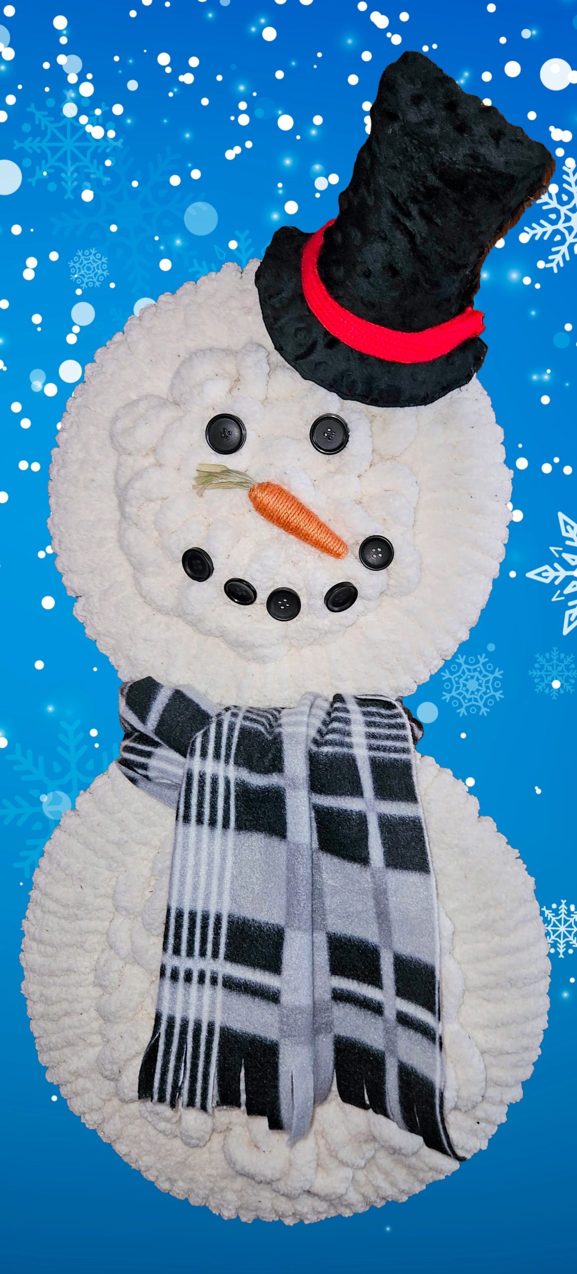 30-inch handmade snowman wall hanging with gray and black plaid scarf
